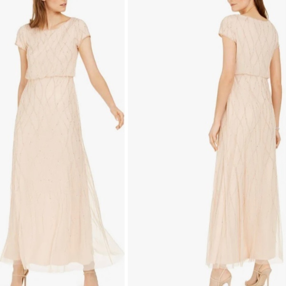 Adrianna Papell Short Sleeve Embellished Blouson beaded Overlay Gown in Biscotti - Picture 5 of 6